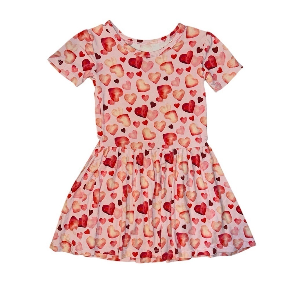 Lev Baby Pink & Red Valentine’s Day Heart Print Bamboo Twirl Dress Sz 2T